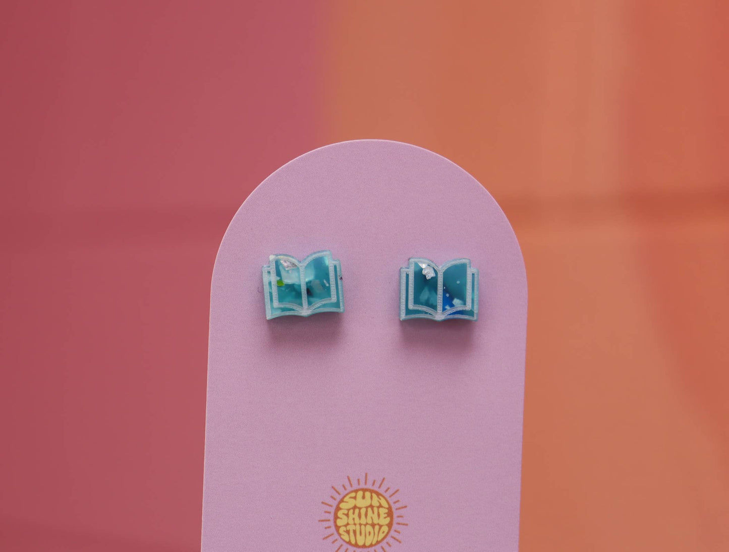 Open Book Tiny Stud Earrings: Engraved Blue Confetti